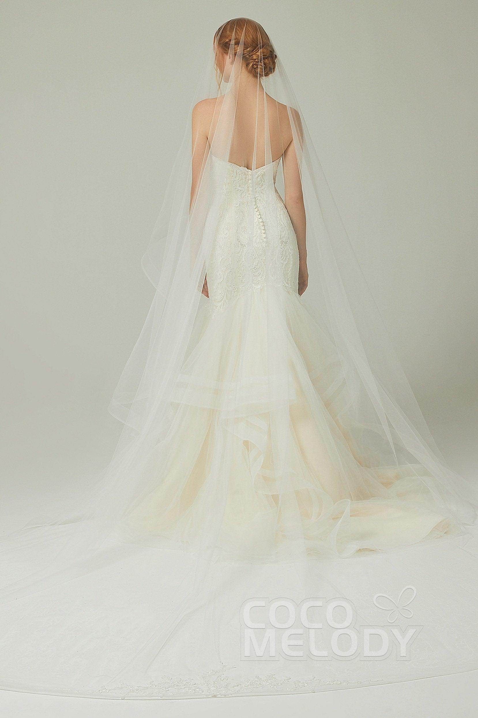 One-tier Lace Edge Tulle Cathedral Veils Appliques AV18020 - COCOMELODY